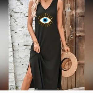 Eye Print V Neck Tank Dress, CasualSleeveless Split Hem Tank Dress